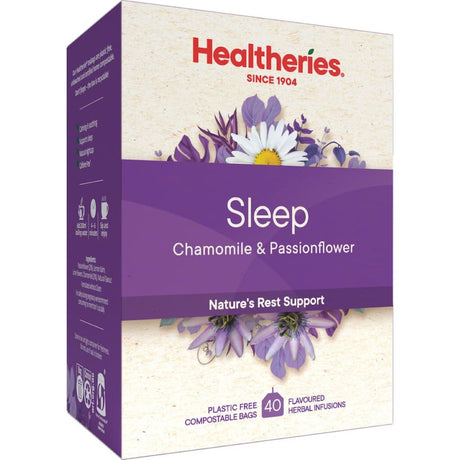 Relaxing herbal tea blend with chamomile, valerian root, and passion flower for improved sleep quality.