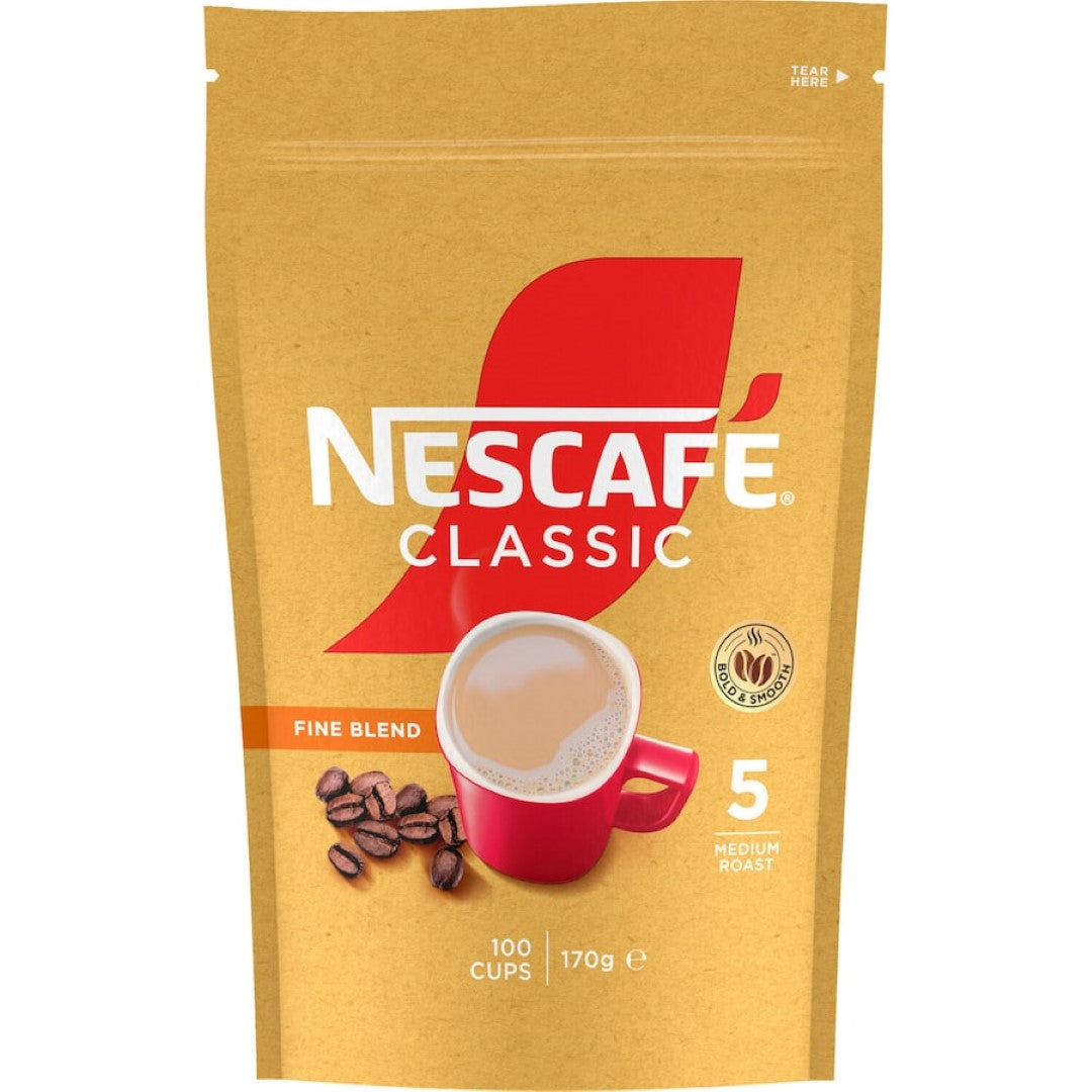 Nescafe Instant Coffee Classic Fine Blend: 100% natural coffee with smooth flavor from Arabica and Robusta beans. Ideal for quick enjoyment.