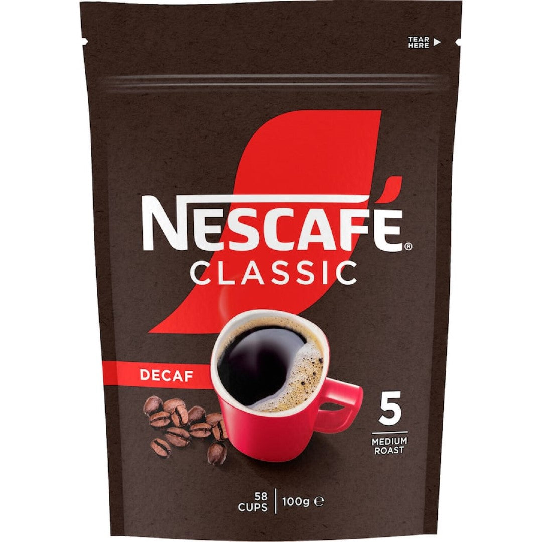 Nescafé Coffee Classic Decaf: Rich, caffeine-free coffee made from 100% natural beans, perfect for any time of day.