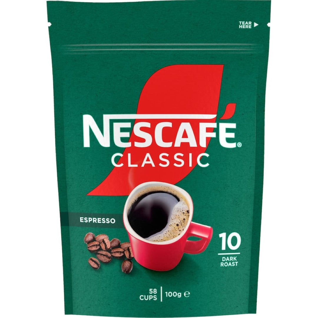 A cup of Nescafe Coffee Classic Espresso showcasing its rich, dark granules, promising bold flavor and aroma.