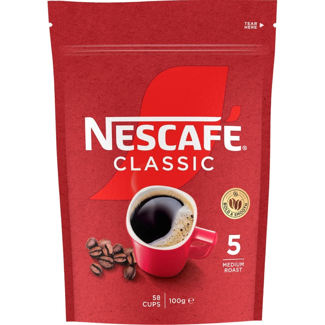 A jar of Nescafe Coffee Classic featuring a blend of Arabica and Robusta beans for a rich, bold flavor and aroma.