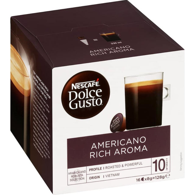 Nescafe Dolce Gusto Americano Coffee Pods featuring rich aroma and smooth 100% Arabica blend for a premium coffee experience.