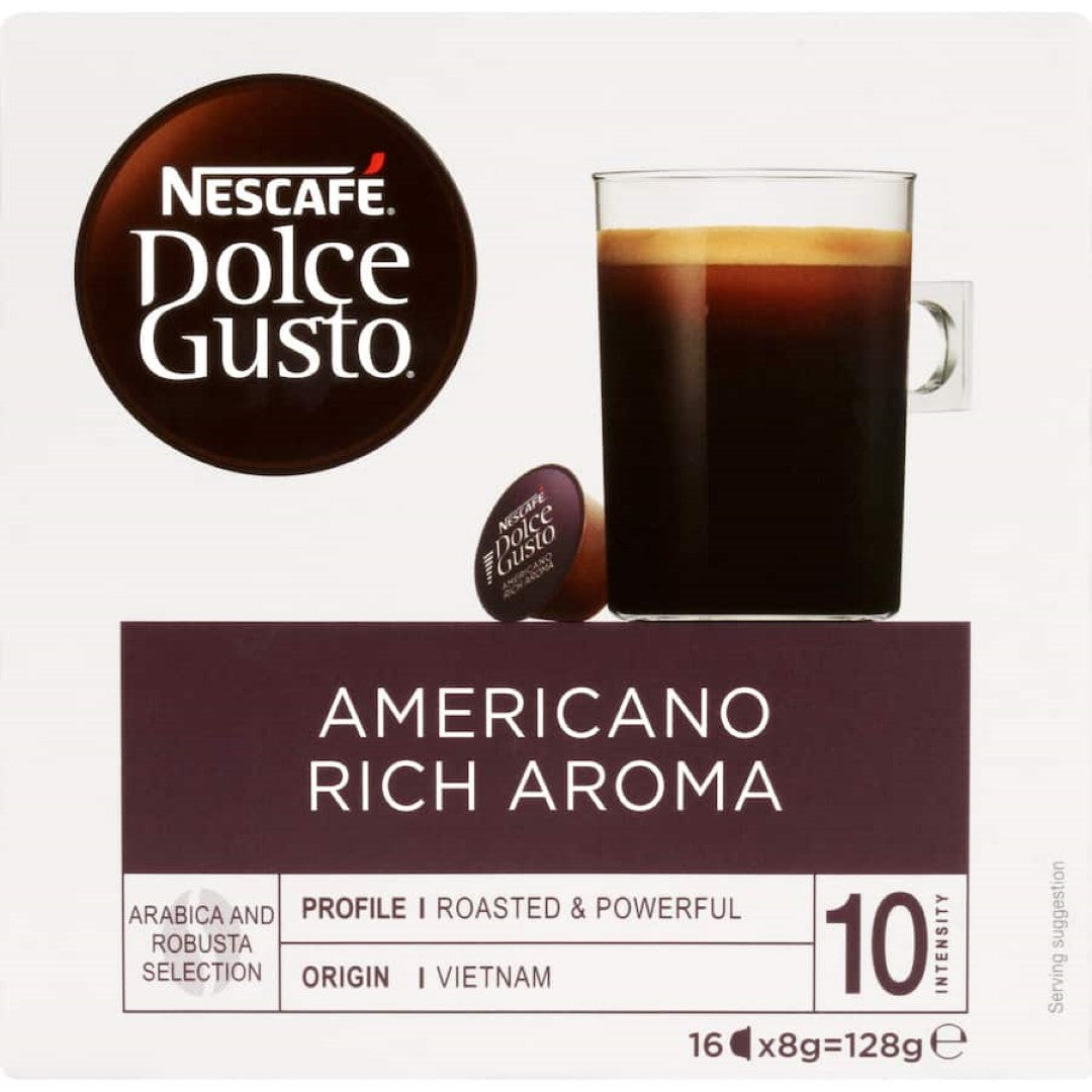 Nescafe Dolce Gusto Americano coffee pods featuring rich aroma, 100% Arabica beans for smooth, bold flavor at home.