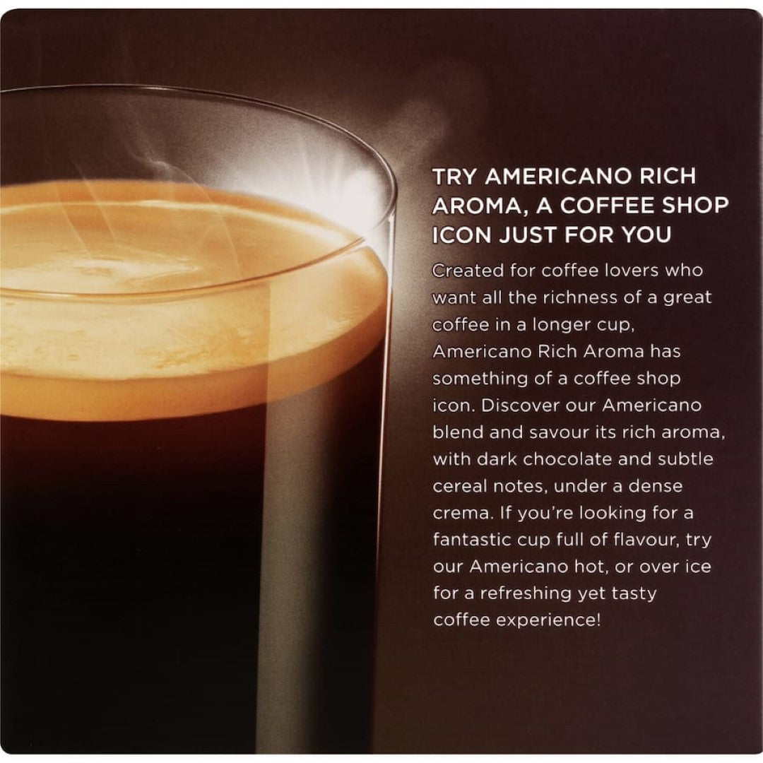 Rich aroma Nescafe Dolce Gusto Americano coffee pods, crafted from 100% Arabica beans for a smooth, full-bodied brew.