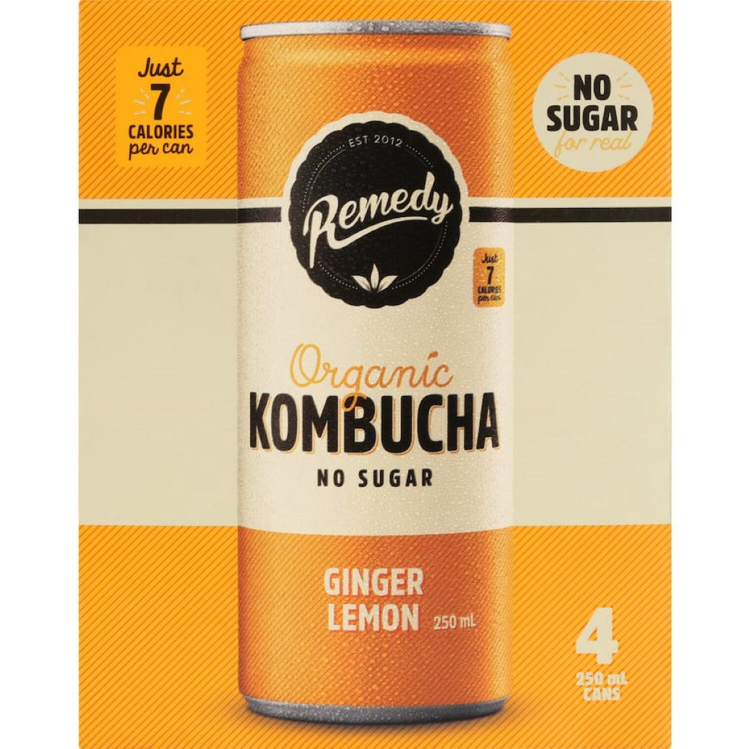 Bottled Remedy Kombucha Ginger Lemon, featuring ginger and lemon flavors, rich in probiotics and antioxidants, sugar-free refreshment.