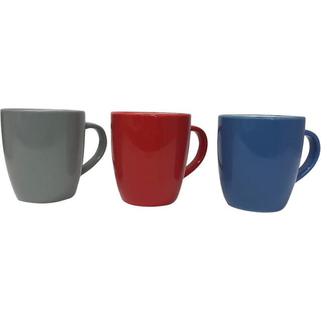 Assorted stoneware mugs featuring unique designs, perfect for coffee, tea, or hot chocolate; microwave and dishwasher safe.