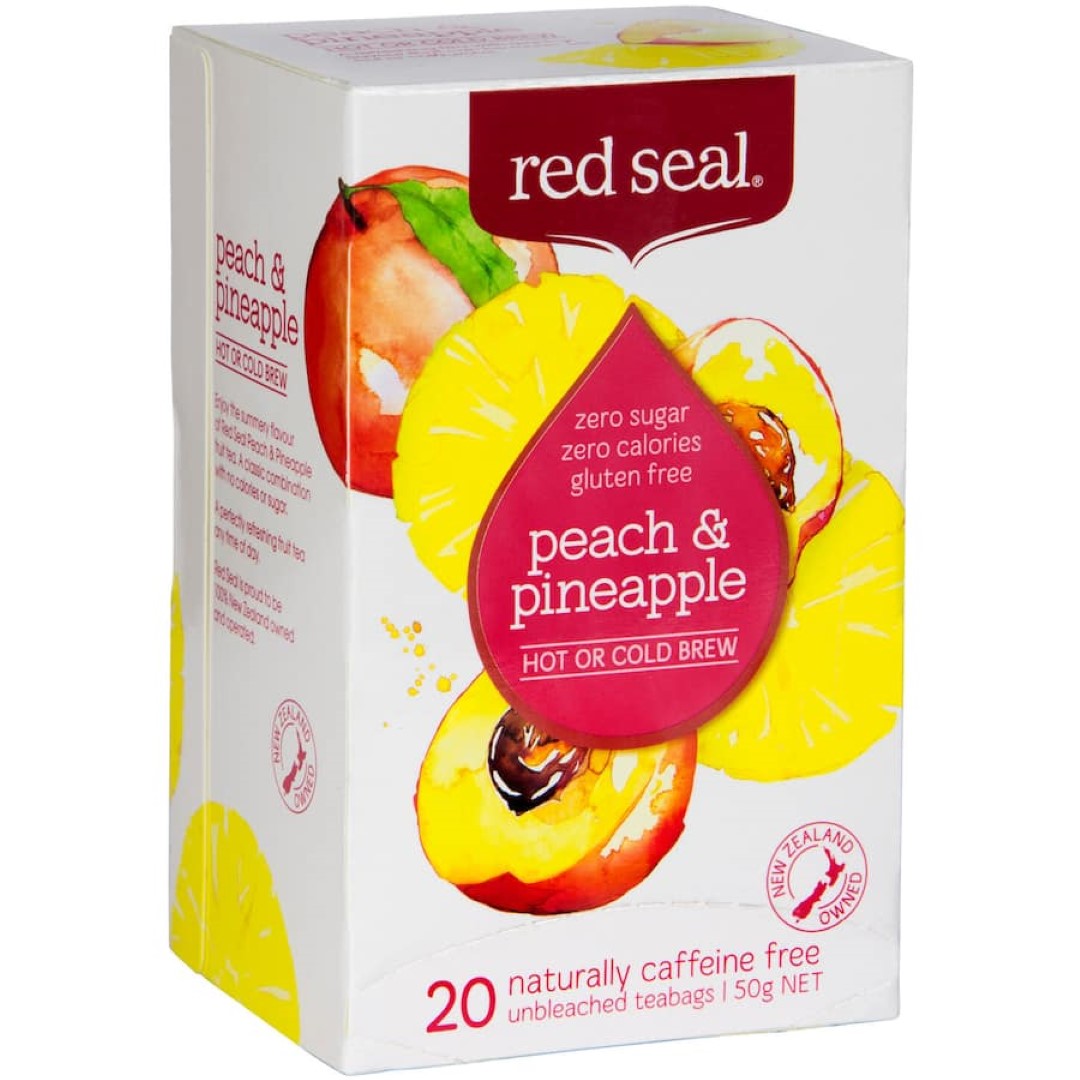A vibrant package of Red Seal Fruit Tea Peach & Pineapple, featuring tropical flavors and labeled as 99.9% sugar-free and caffeine-free.