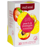 A vibrant package of Red Seal Fruit Tea Peach & Pineapple, featuring tropical flavors and labeled as 99.9% sugar-free and caffeine-free.