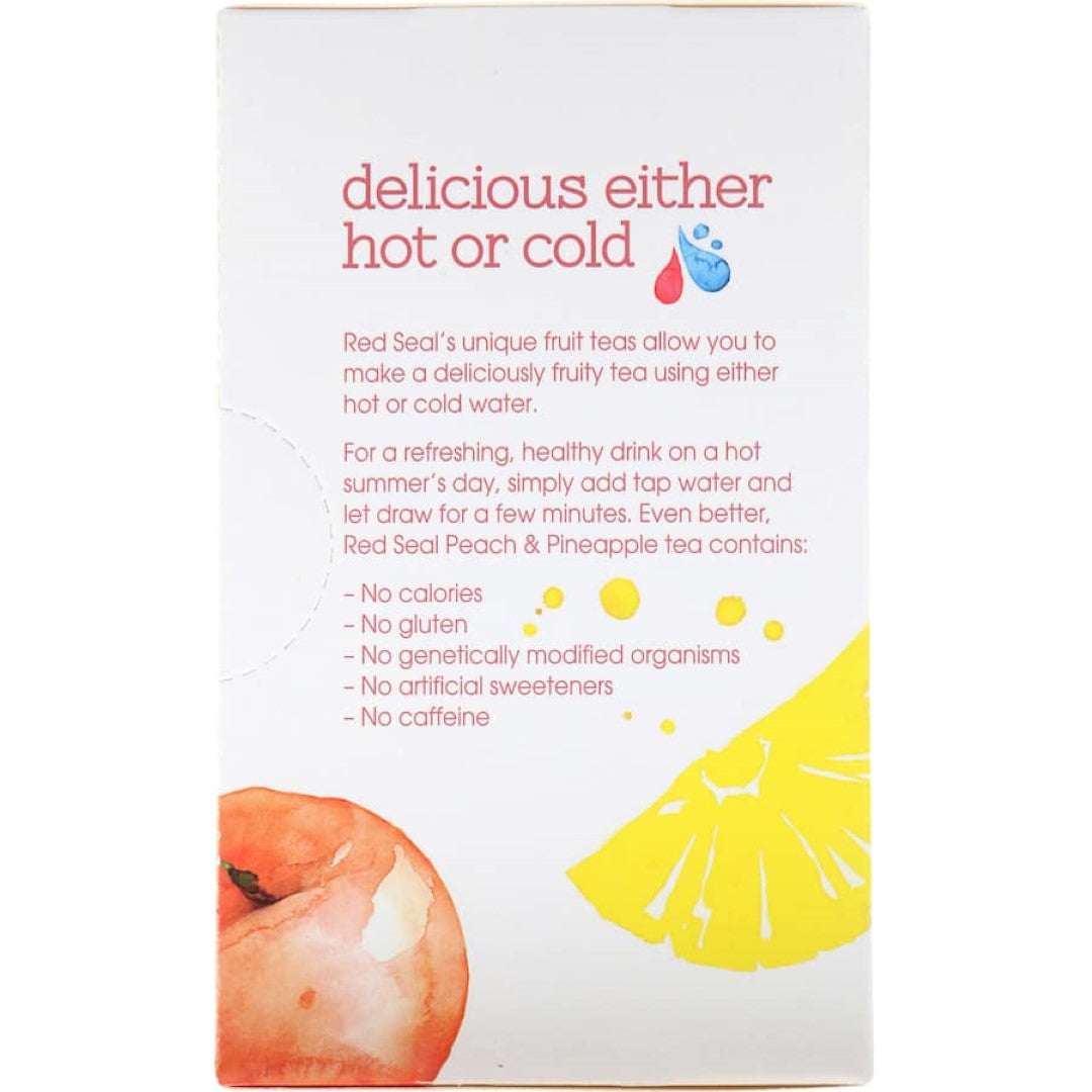 Brightly colored Red Seal Fruit Tea featuring peach and pineapple, 99.9% sugar-free, perfect for hot or cold brewing.