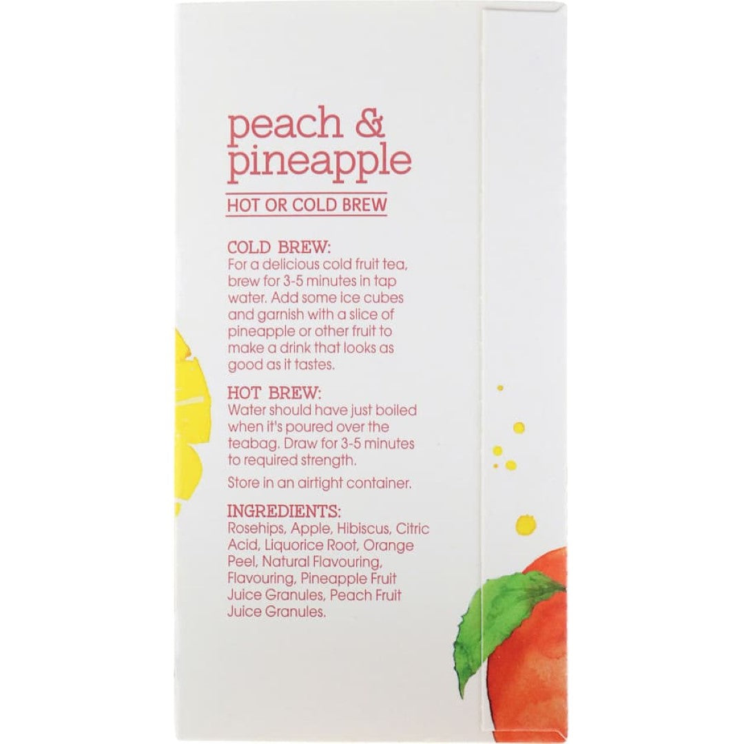 A flavorful blend of peach and pineapple fruit tea, 99.9% sugar-free and naturally caffeine-free, eco-friendly teabag.