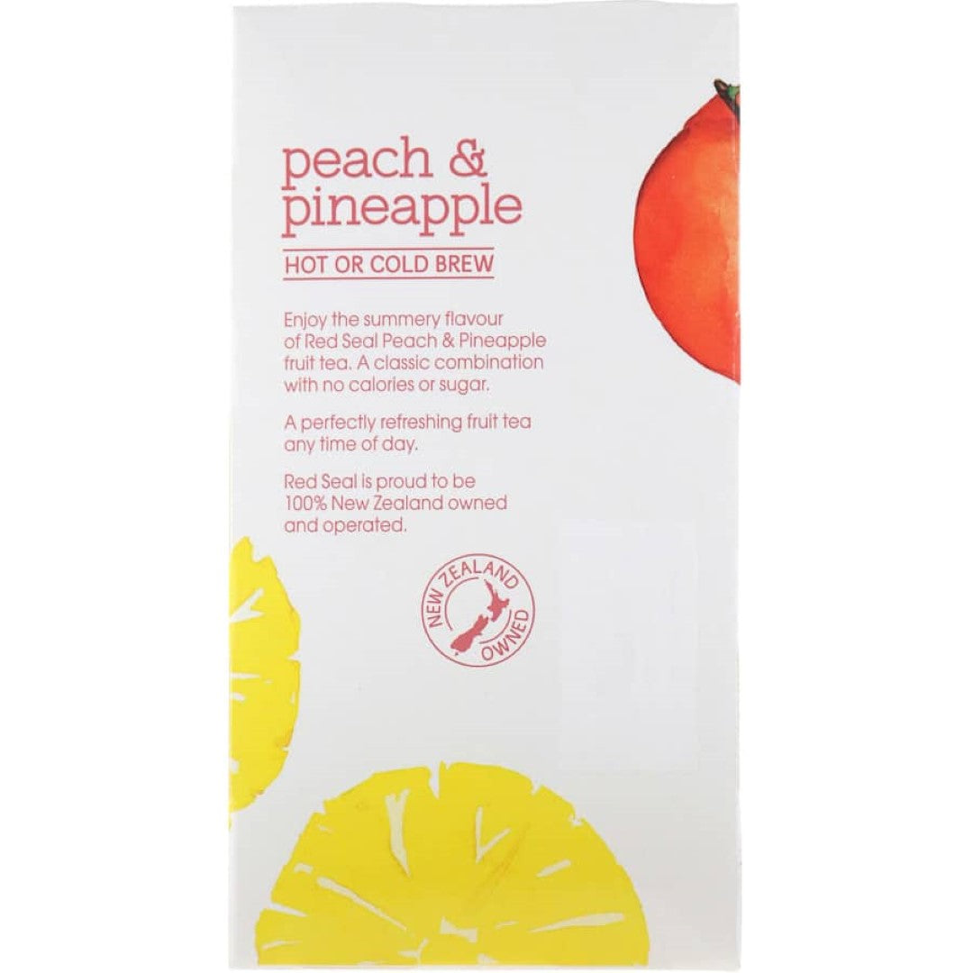 A vibrant package of Red Seal Fruit Tea featuring peach and pineapple, perfect for hot or cold brewing, 99.9% sugar-free.