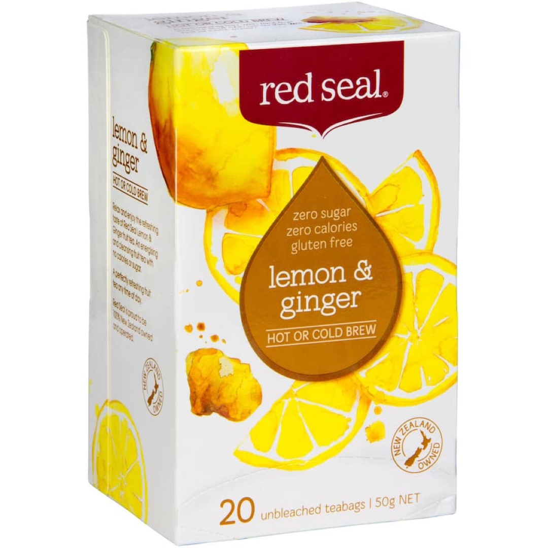 Red Seal Fruit Tea Lemon & Ginger blend of zesty lemon and warm ginger in a biodegradable teabag for hot or cold enjoyment.