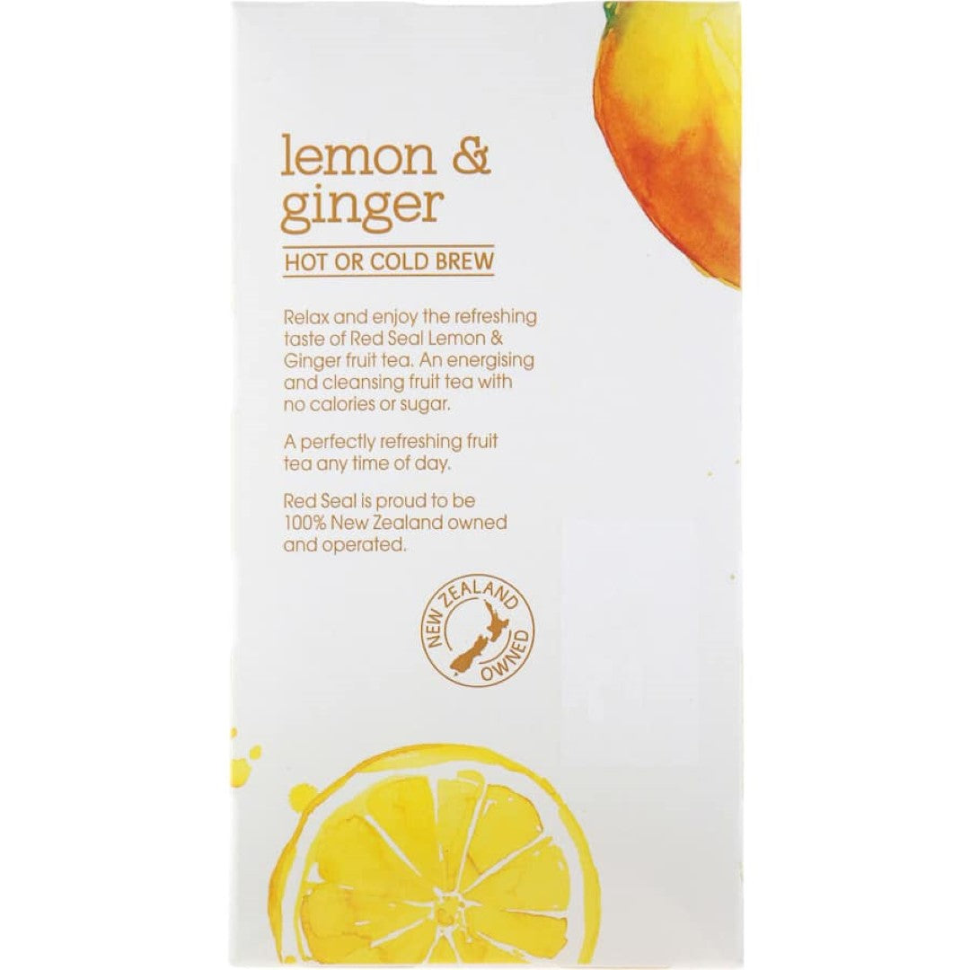 A box of Red Seal Fruit Tea Lemon & Ginger, showcasing its vibrant packaging and highlighting its refreshing lemon and ginger blend.