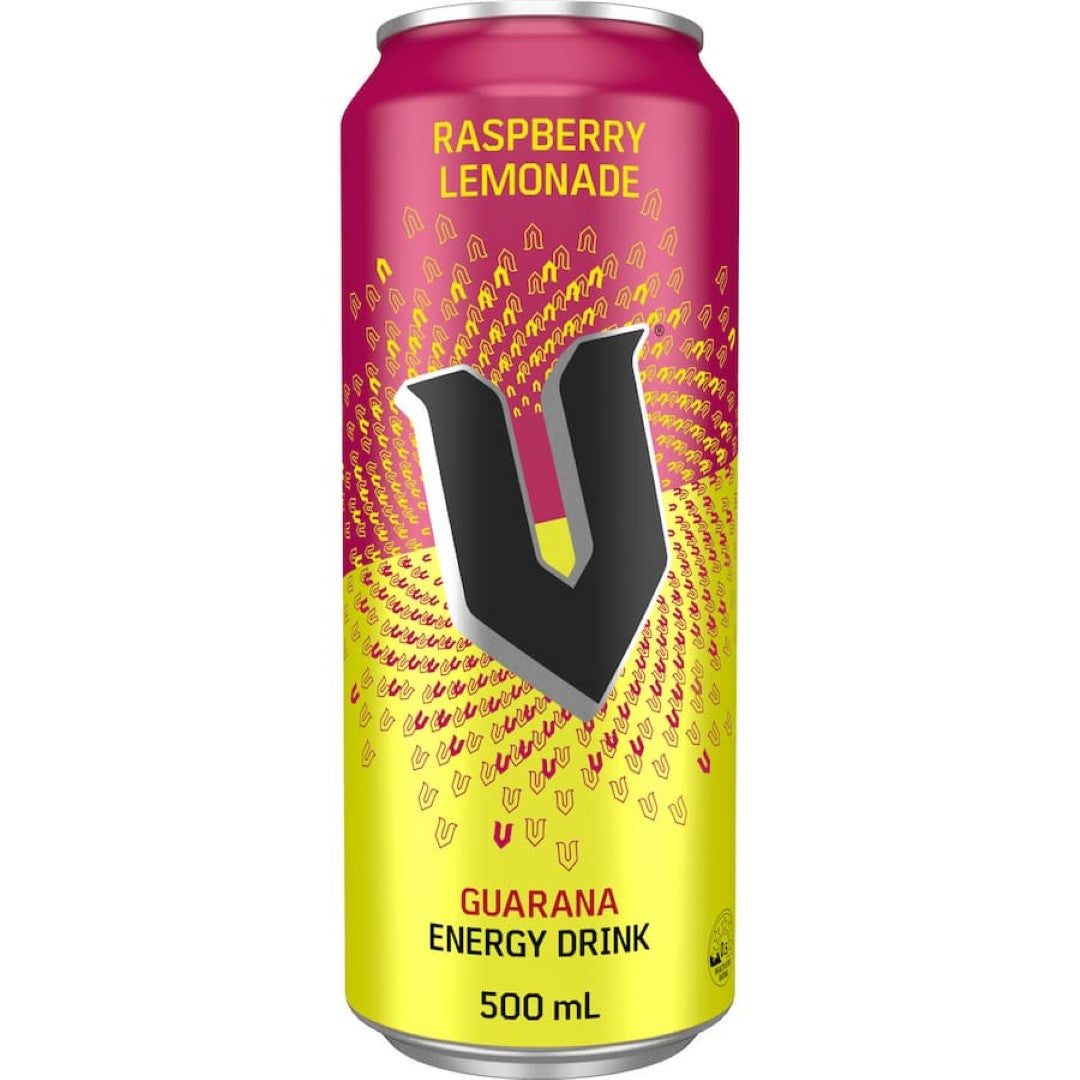 A can of V Energy Drink Raspberry Lemonade featuring vibrant packaging with a refreshing raspberry and lemonade flavor.