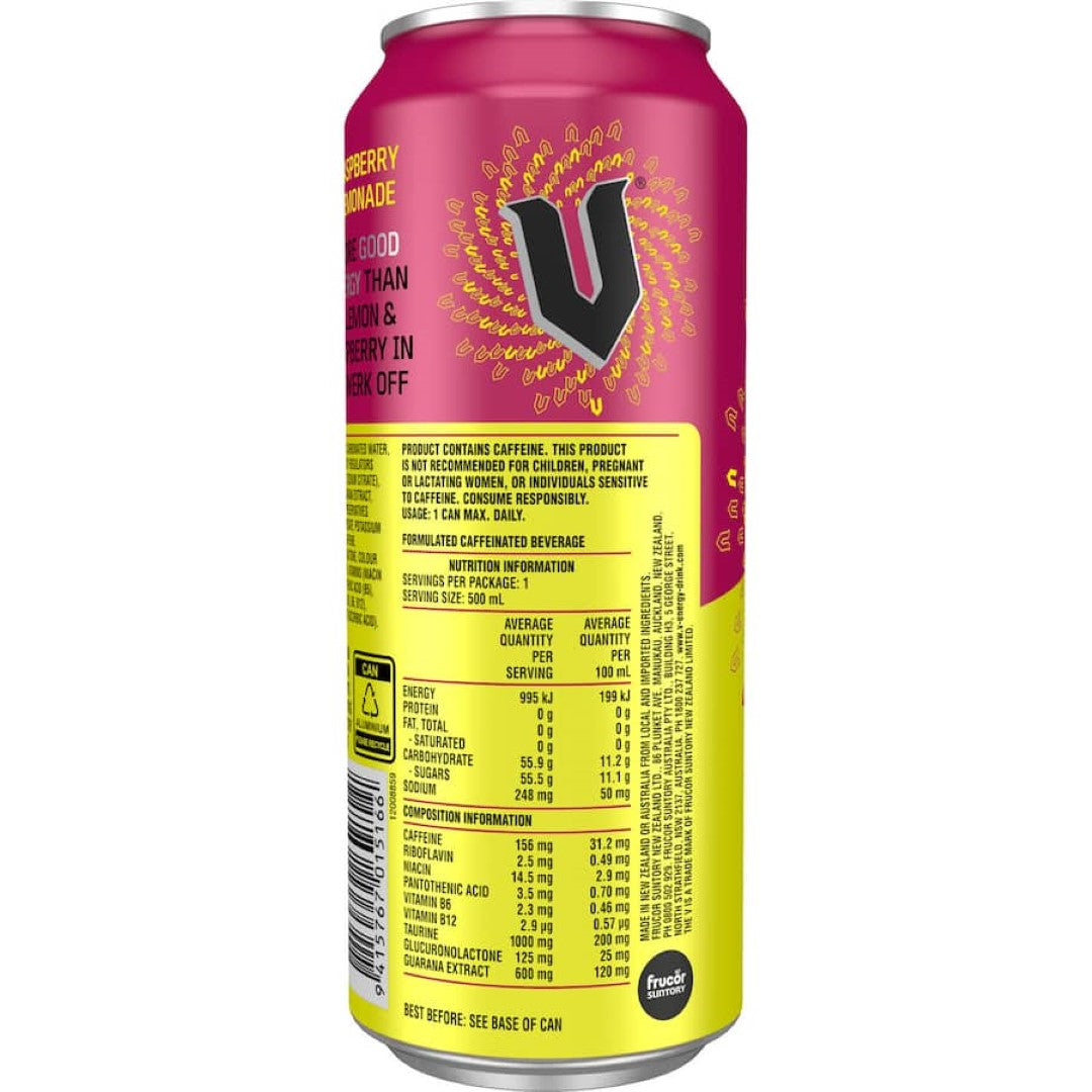 V Energy Drink Raspberry Lemonade can featuring a vibrant design, offering a refreshing mix of raspberry and lemonade flavors for energy.