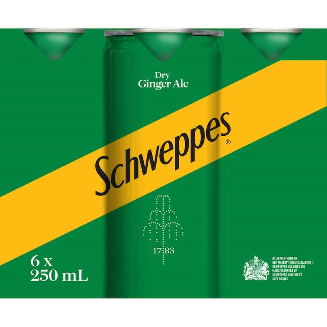 Schweppes Dry Ginger Ale bottle showcasing zesty flavors, ideal for cocktails and gatherings. Refreshing beverage mixer.