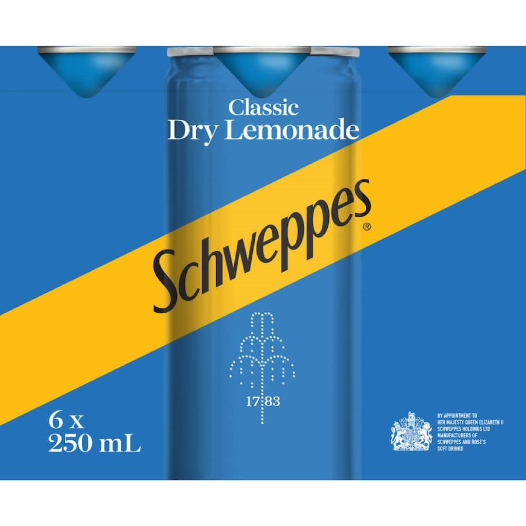 Schweppes Drink Mixers Lemonade bottle, showcasing refreshing dry lemonade ideal for cocktails and summer gatherings.