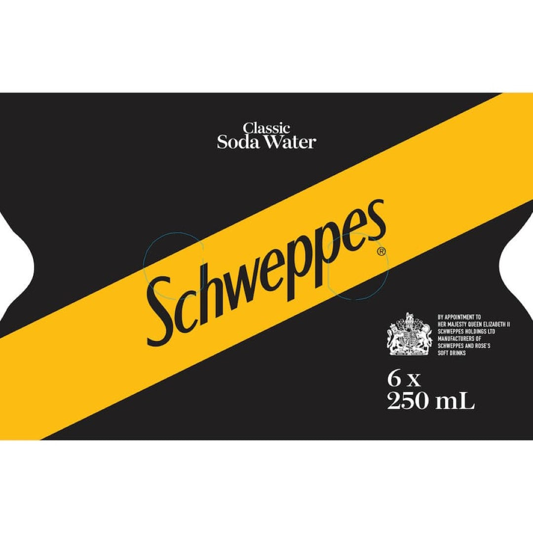 Crisp Schweppes Soda Water bottle, perfect for mixing cocktails or enjoying straight with a lemon slice.