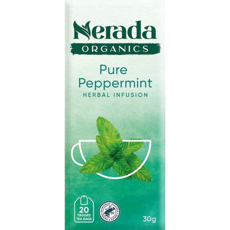 Nerada Organic Herbal Tea Peppermint: Caffeine-free tea bags made from premium organic peppermint leaves for a refreshing sip.