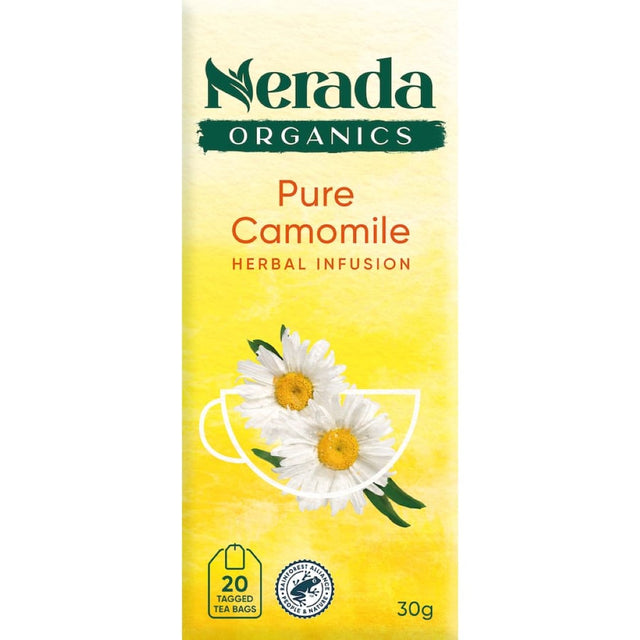 A soothing cup of Nerada Organic Herbal Tea Camomile, featuring premium organic chamomile flowers for relaxation and wellbeing.