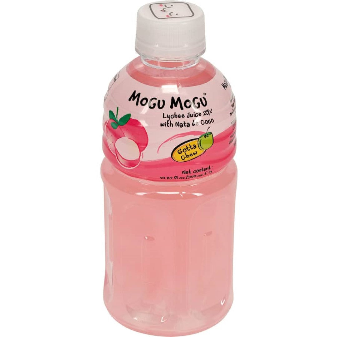 Mogu Mogu Lychee Juice with chewy nata de coco offers a refreshing, tropical flavor and delightful texture in every sip.