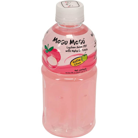 Mogu Mogu Lychee Juice with chewy nata de coco offers a refreshing, tropical flavor and delightful texture in every sip.