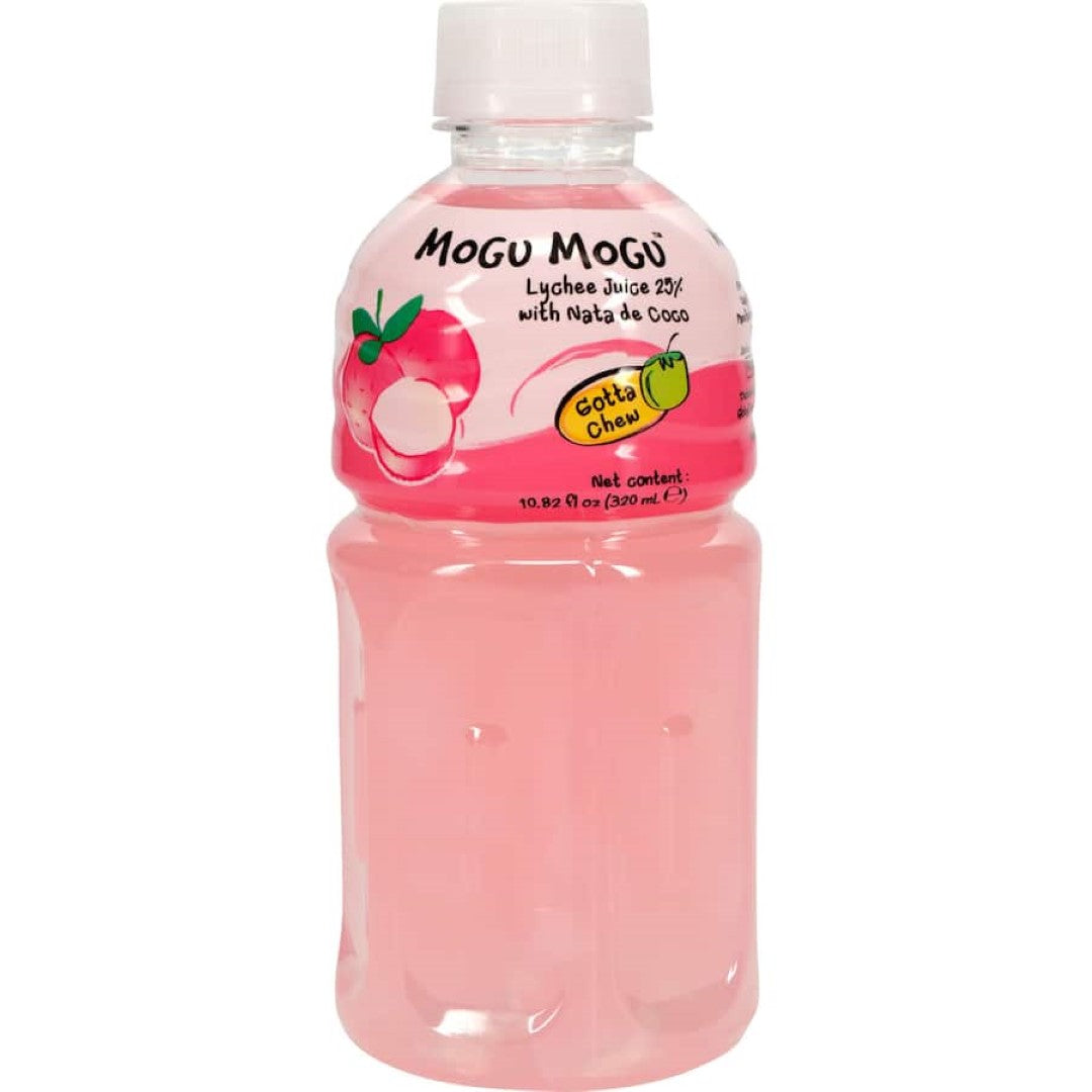 Bottle of Mogu Mogu Lychee Juice featuring chewy nata de coco, offering a refreshing tropical taste experience.