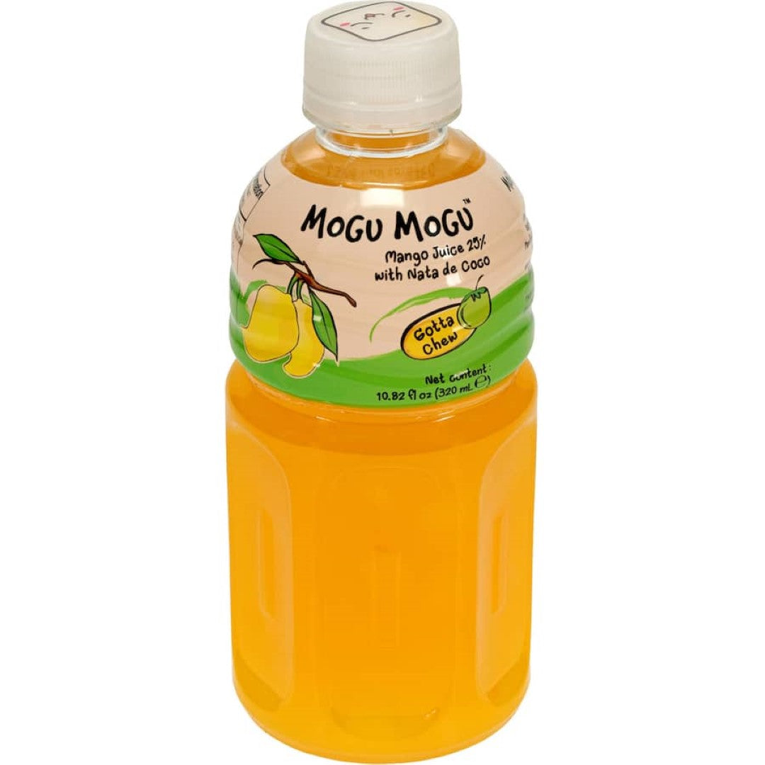 Refreshing Mogu Mogu Mango Juice with chewy nata de coco bits, perfect for a tropical thirst-quencher.