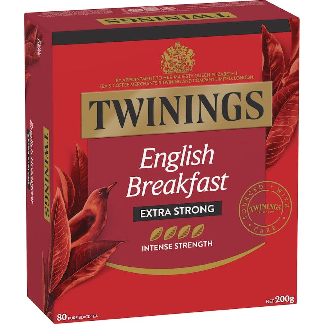 Twinings Extra Strong English Breakfast Tea bag featuring bold Assam and East African teas for a rich morning brew.