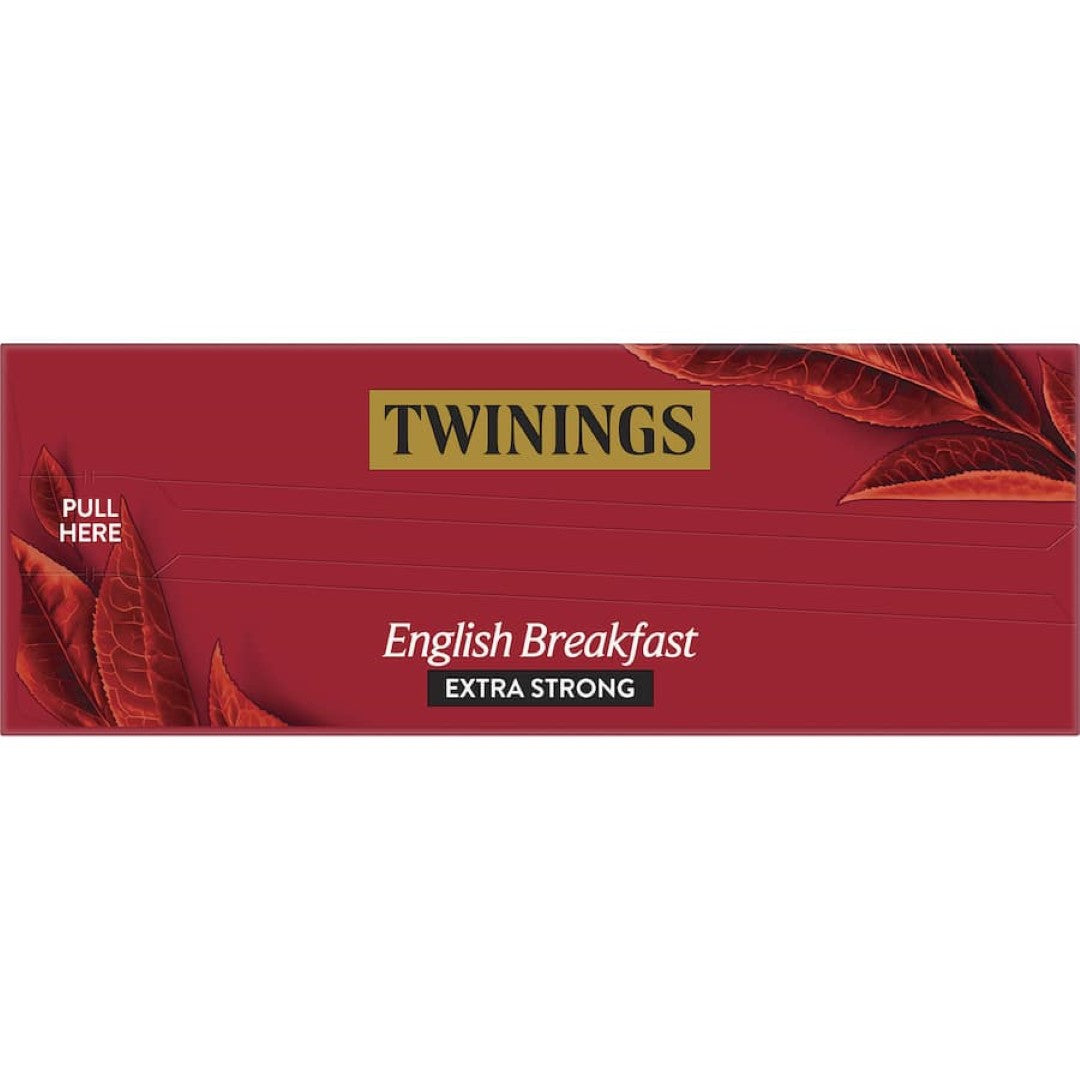 A box of Twinings English Breakfast Extra Strong tea bags showcasing robust Assam and East African blends for bold morning flavor.