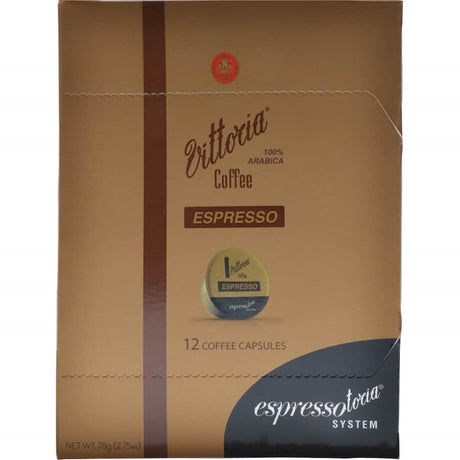 Espressotoria Vittoria Coffee Pods showcasing dark roast 100% Arabica blend for rich, flavorful Italian-style espresso.