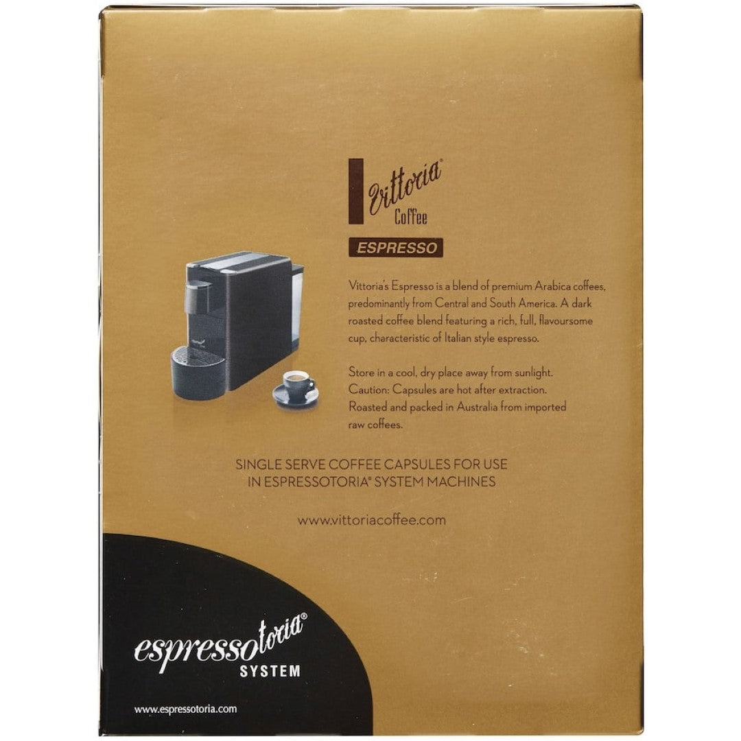 Espressotoria Vittoria Coffee Pods showcase rich, dark roast 100% Arabica coffee for a premium espresso experience.