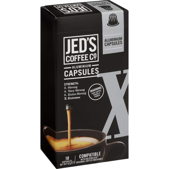 Dark and bold Jed's Coffee Capsules X Extreme, 100% ground coffee for intense flavor and Nespresso® compatibility.