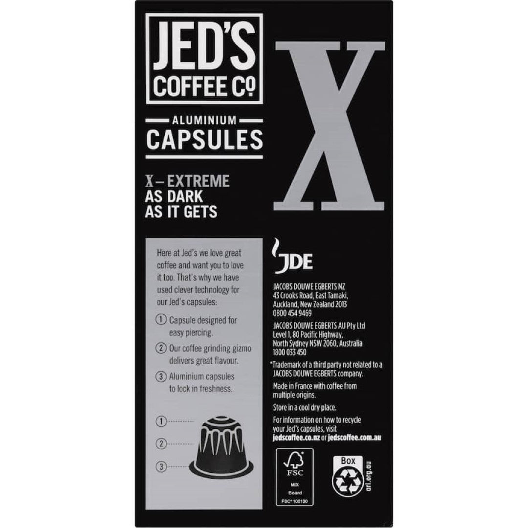 Jed's Coffee Capsules X Extreme - bold, dark 100% ground coffee capsules for a robust flavor, compatible with Nespresso®.