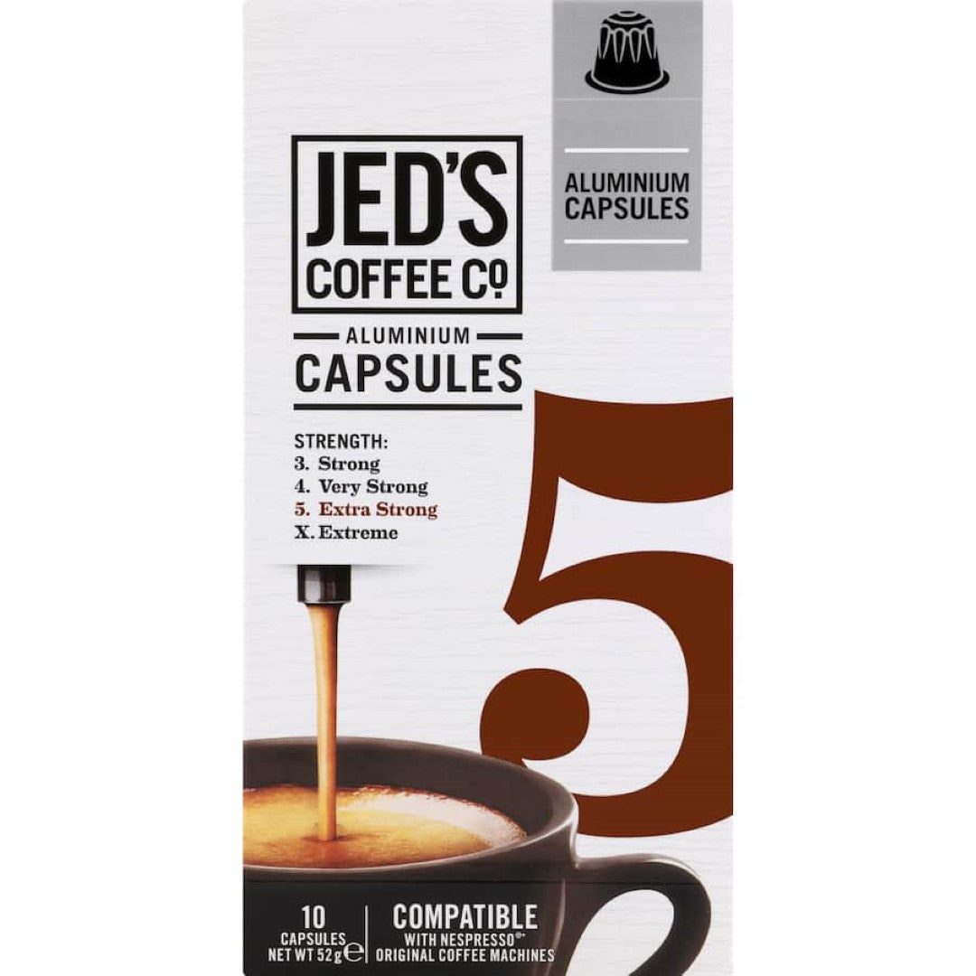 Jed's Coffee Capsules #5 Extra Strong, 100% ground coffee pods in recyclable aluminum for bold, rich espresso shots.