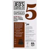 Jed's Coffee Capsules #5 Extra Strong, 10 recyclable espresso pods with intense aroma and robust flavor for Nespresso® machines.