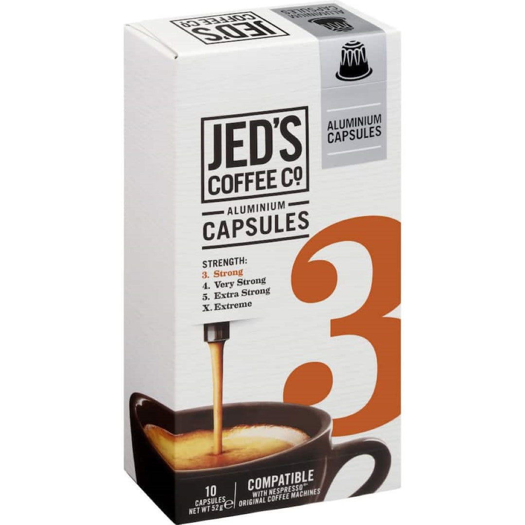 Jed's Coffee Capsules #3 Strong, aluminum-packed pods for a bold espresso experience, compatible with Nespresso machines.