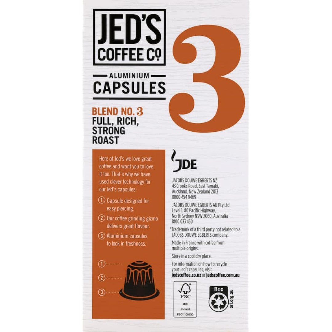 Bold and robust Jed's Coffee Capsules #3 Strong, packed in aluminum for freshness, compatible with Nespresso machines.