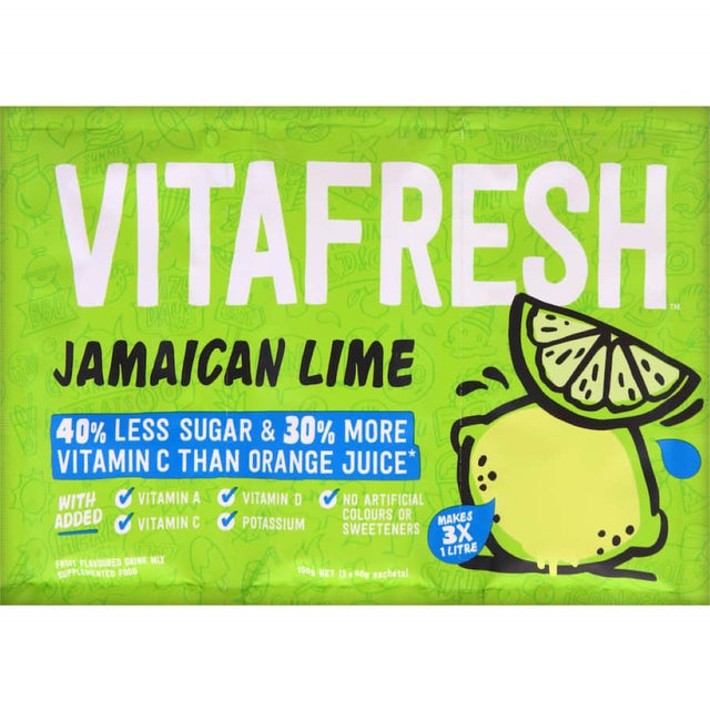 Vitafresh Jamaican Lime drink mix, 150g sachet, vibrant flavor, 40% less sugar, 30% more vitamin C, no artificial additives.