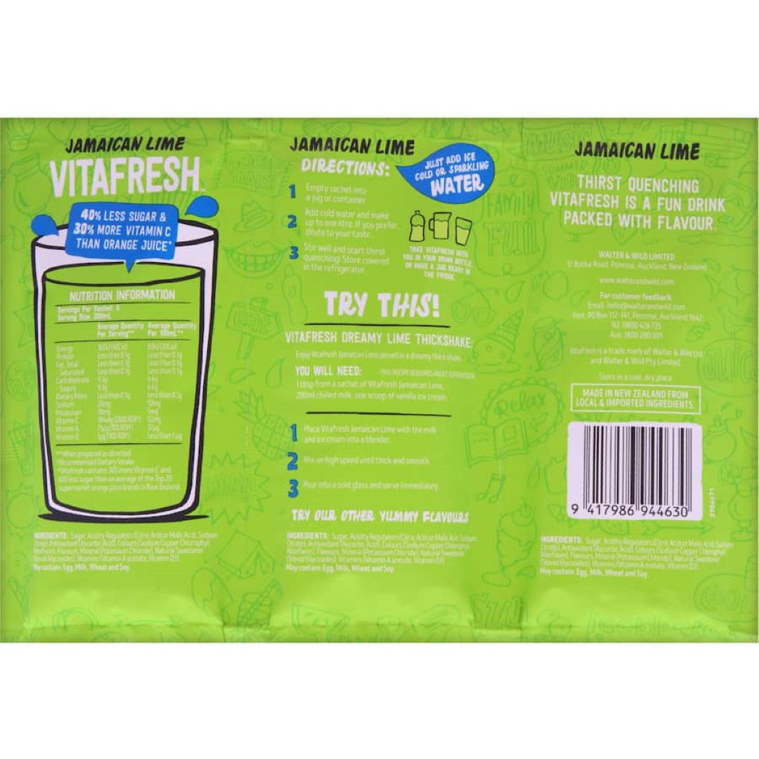 Vitafresh Jamaican Lime drink mix sachets; 40% less sugar, 30% more vitamin C, no artificial additives, convenient pack.