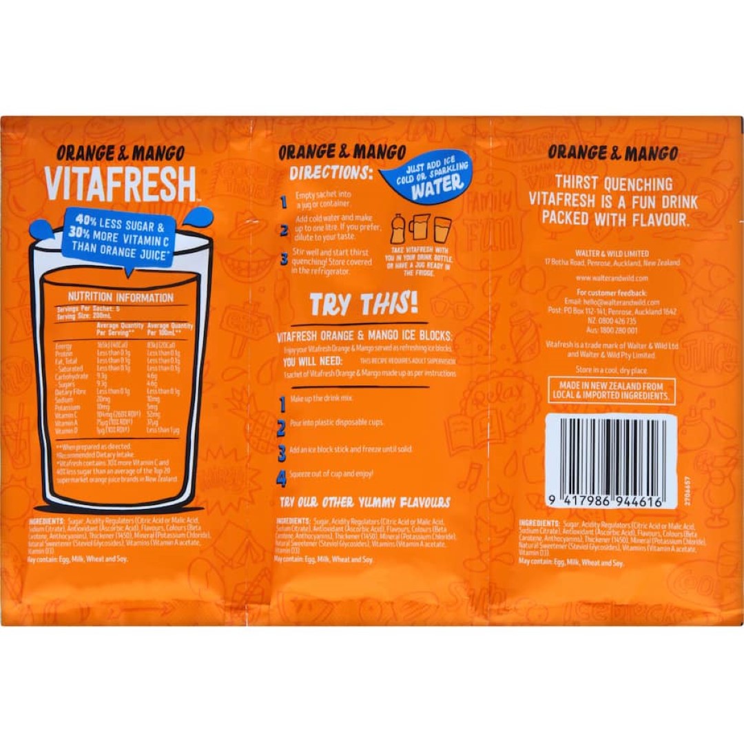 Vitafresh Orange & Mango drink mix sachet, 150g, low-sugar and vitamin-rich for a refreshing, healthy beverage on-the-go.