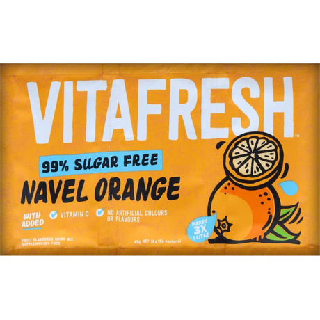 Vitafresh 99% sugar-free drink mix sachet with sweet navel orange flavor, fortified with vitamin C, 45g pack.