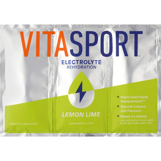 Vitasport Lemon Lime Electrolyte Sachets for hydration and performance, ideal for workouts and recovery in a convenient 3-pack.