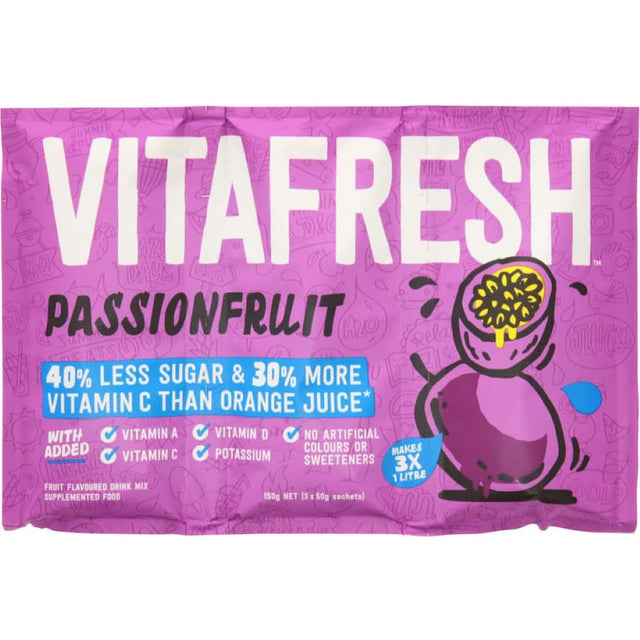 Vitafresh Passionfruit drink mix sachets, 40% less sugar, 30% more vitamin C, easy-tear 3-pack for refreshing hydration.