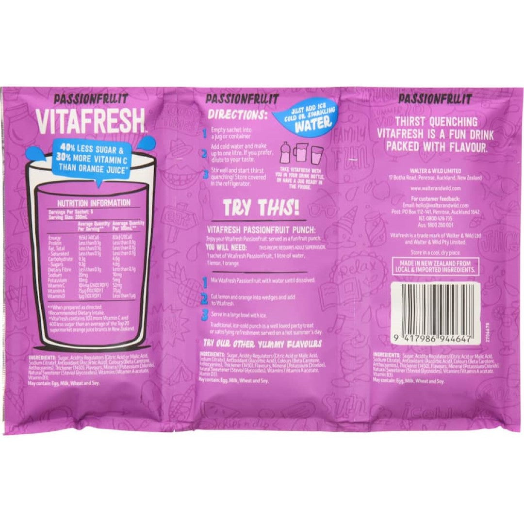 Vitafresh Sachet Drink Mix Passionfruit 150g offers a tropical, low-sugar refreshment with high vitamin C in a convenient 3-pack.