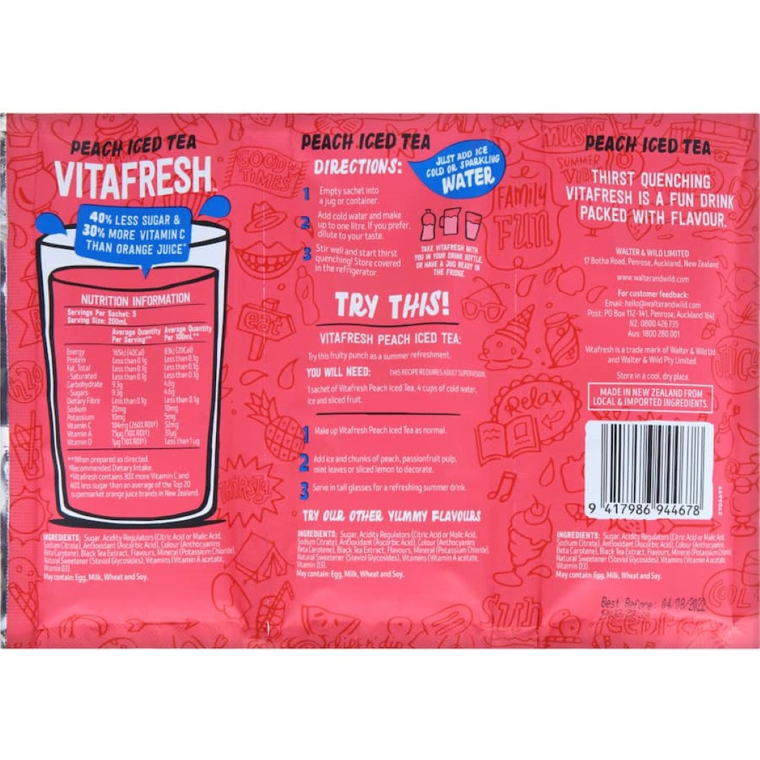 Vitafresh Peach Ice Tea drink mix in a 150g pack, featuring 40% less sugar, 30% more vitamin C, and no artificial colors.