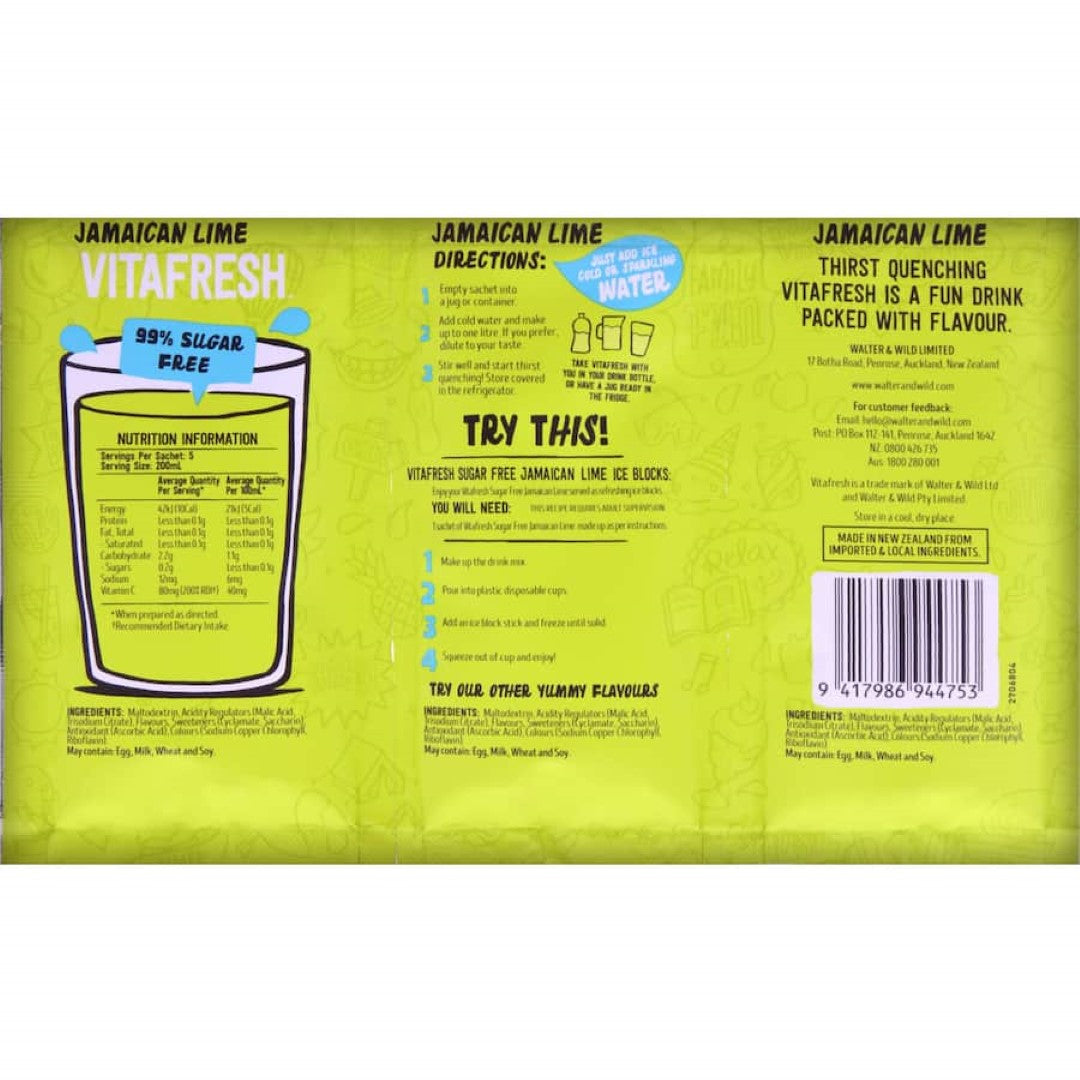 Vitafresh 99% sugar-free Jamaican lime drink mix sachets offer tangy flavor and Vitamin C in a convenient 45g pack.