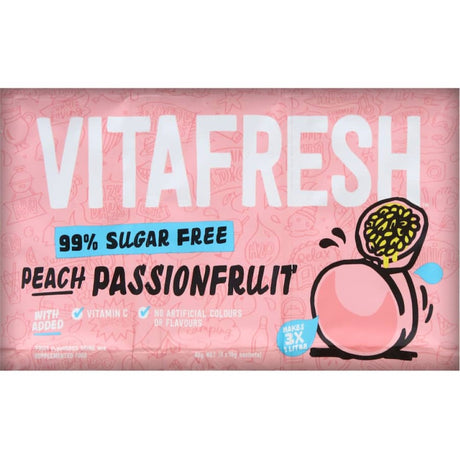 Vibrant Vitafresh peach passionfruit drink mix sachets, 99% sugar-free with added Vitamin C, perfect for guilt-free refreshment.