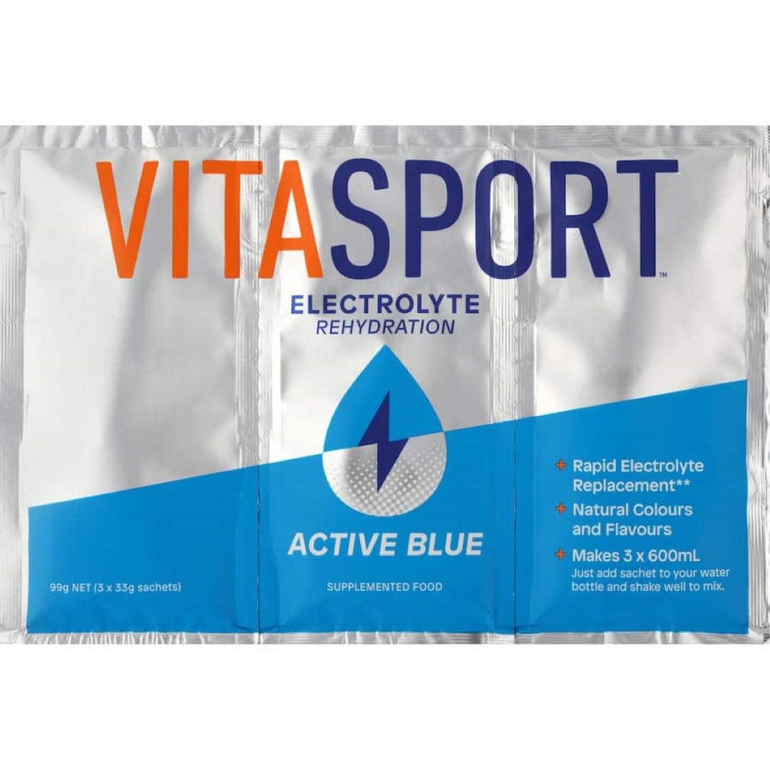 Vitasport Electrolyte Sachet Drink Mix Active Blue, a portable mix for hydration and energy during workouts.