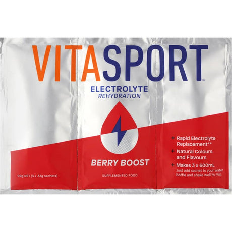 Vitasport Berry Boost Electrolyte Drink Mix sachets for hydration, featuring essential electrolytes in a convenient 3-pack format.